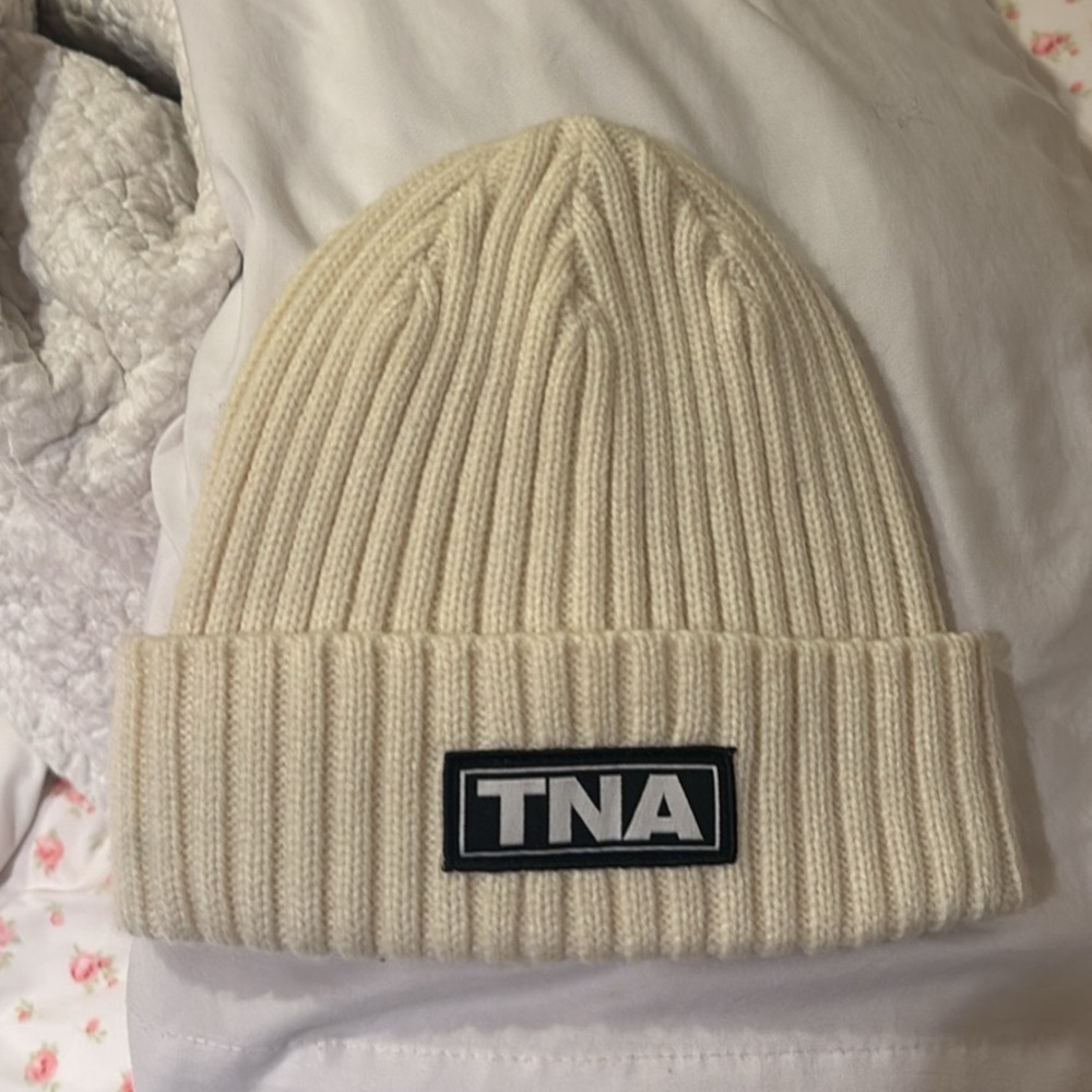 Cream Ribbed TNA beanie